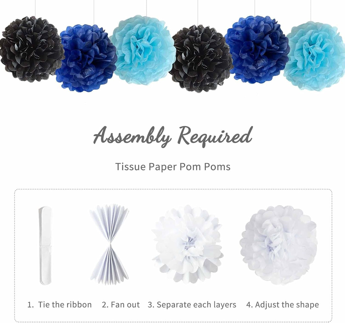 ANSOMO Blue & Black Birthday Decorations: Includes Banners, Dark, Royal, & Light Blue Balloons, Metallic Pompoms, and Decorative Supplies (13, 16-piece sets) for Kids & Men.