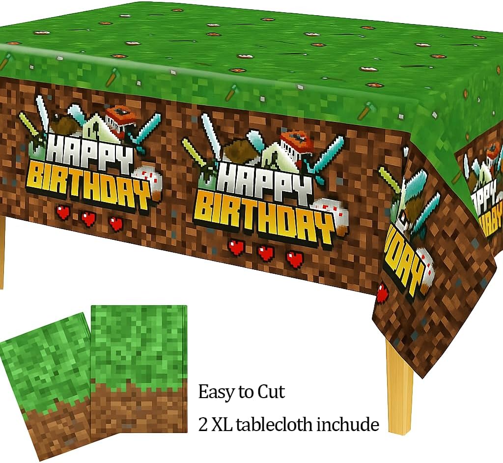 Pixel Miner Party Supplies: 40-Piece Set, Includes Pixel-Themed Tablecloth, Banner, Balloons, Cake, Mining-Theme Decorations.