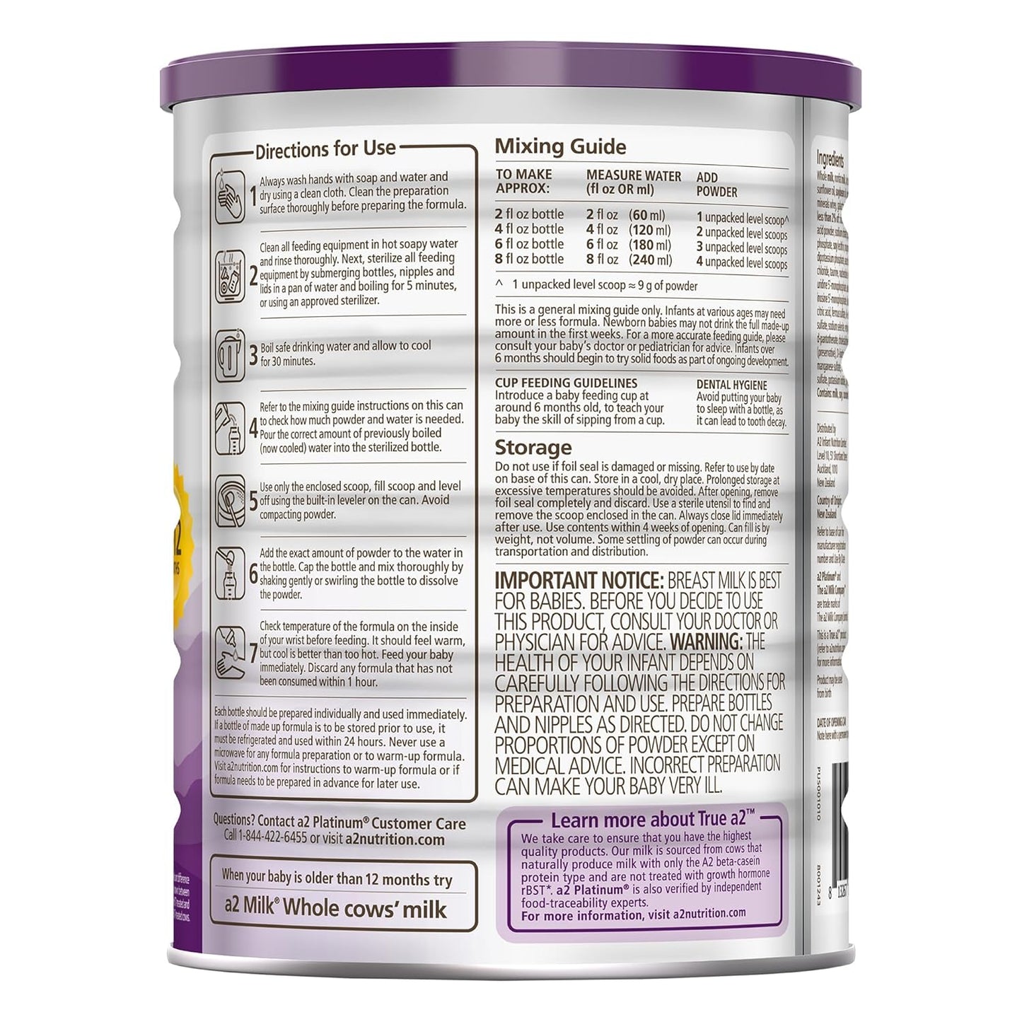 A2 Platinum® Infant Formula for Babies 0-12 Months, Natural Milk-Based Powder with Iron. Nutritionally complete, pure A2 milk - 14.1 oz can.