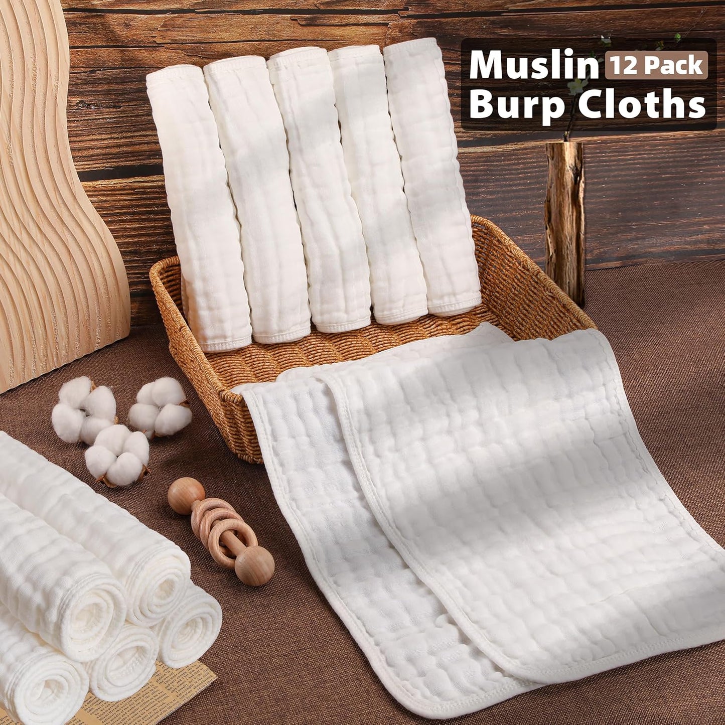 Premium 12-Piece Muslin Baby Cloth Set (White) - Extra Soft, 6-Layer Absorbent, 20 x 10” for Kids & Toddlers