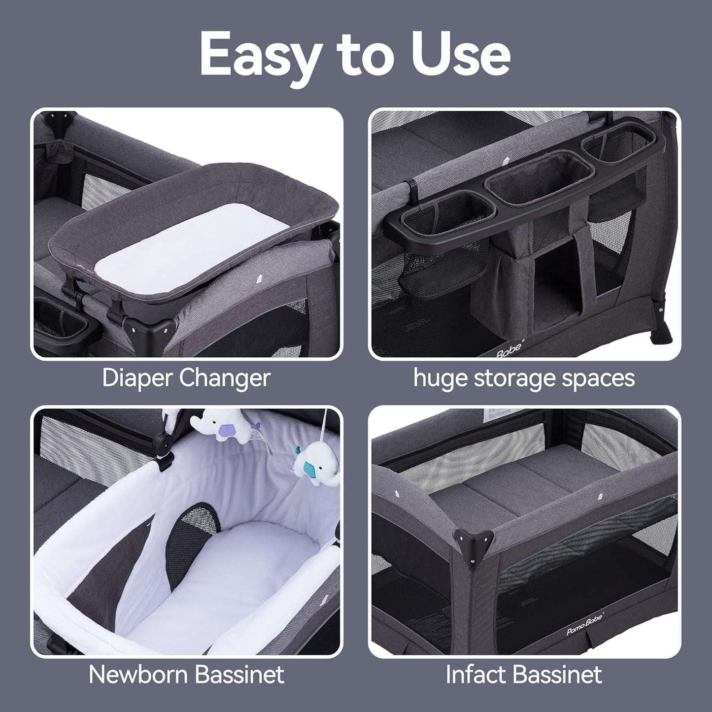 Premium Black Baby Center: Foldable Playard, Bassinet, Changing Table & Mattress for Infants