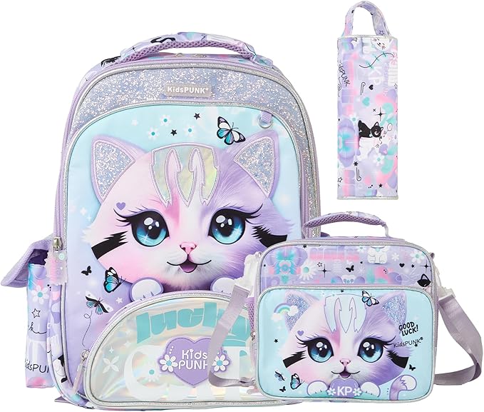 16-inch Girls' Backpack for Preschool & Early Elementary: Purple Cat Design, Classic Style.