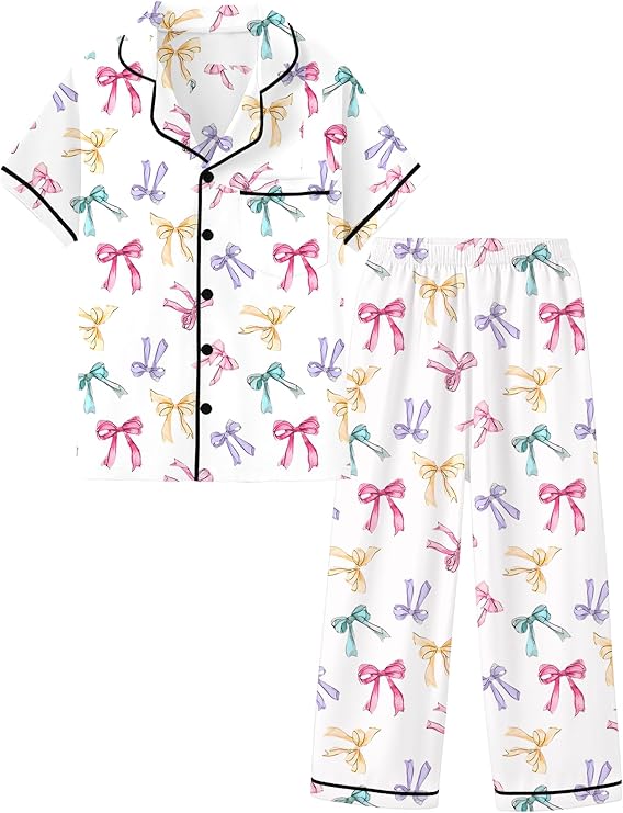 Mikrdoo Silk Pajamas for Girls 2-Piece: Short Sleeve Tops and Pants Satin PJs Fashion Sleepwear for Kids 3-14 Years
