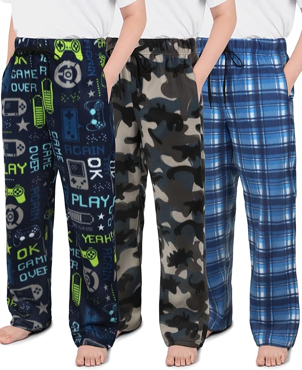IHU 3 Pack Boys Pajama Pants Kids Micro Fleece Pj Bottoms Sleepwear Plaid Lounge Pant with Drawstring Pockets Boy Clothes