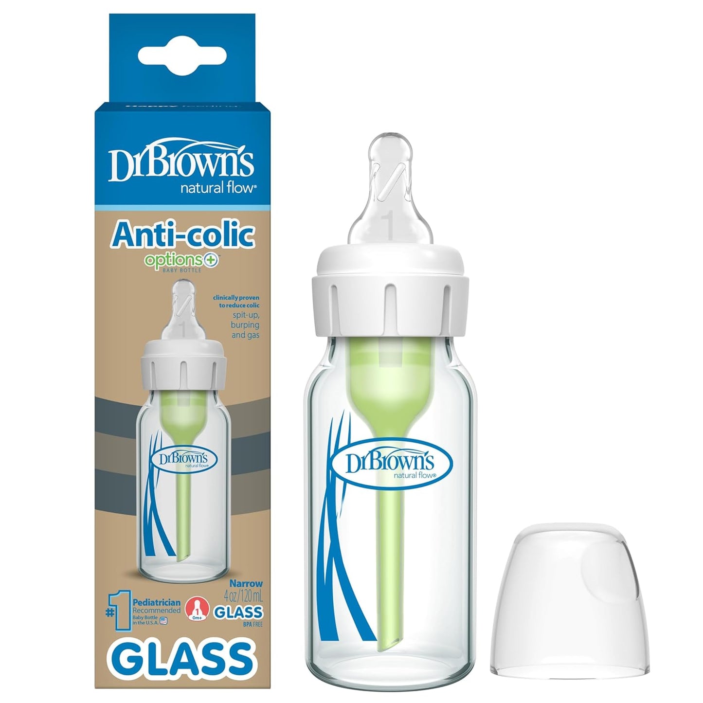 Best Anti-Colic Glass Baby Bottle: Dr. Brown's Options+ Narrow 8 Oz, Slow Flow Level 1, 4-Pack (0+ Months)