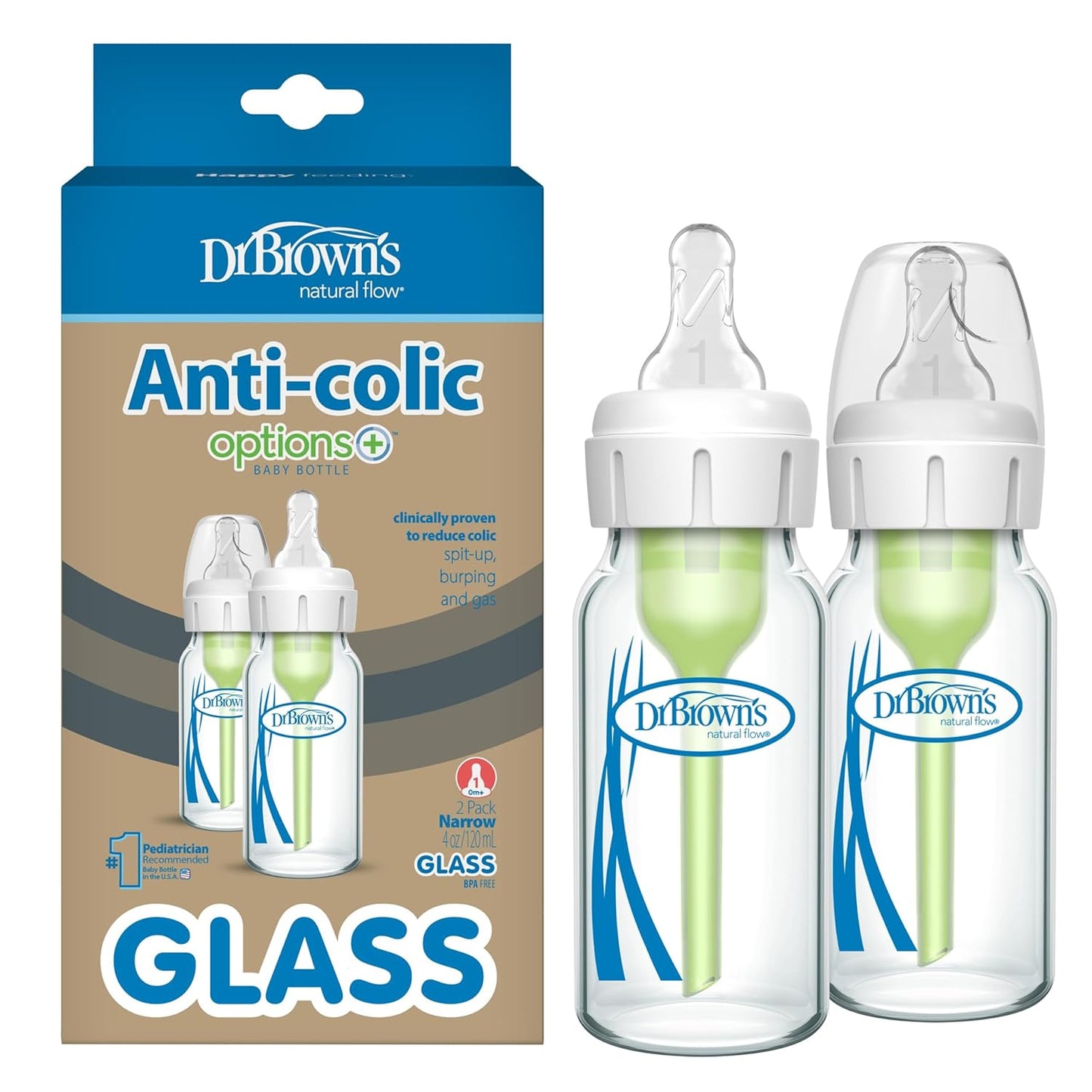 Best Anti-Colic Glass Baby Bottle: Dr. Brown's Options+ Narrow 8 Oz, Slow Flow Level 1, 4-Pack (0+ Months)