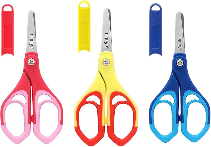 LIVINGO 3-Piece Kids' 5" Scissors Set: Left/Right Handed, Stainless Steel, with Safety Covers, Pre-K Manualide Supplies"