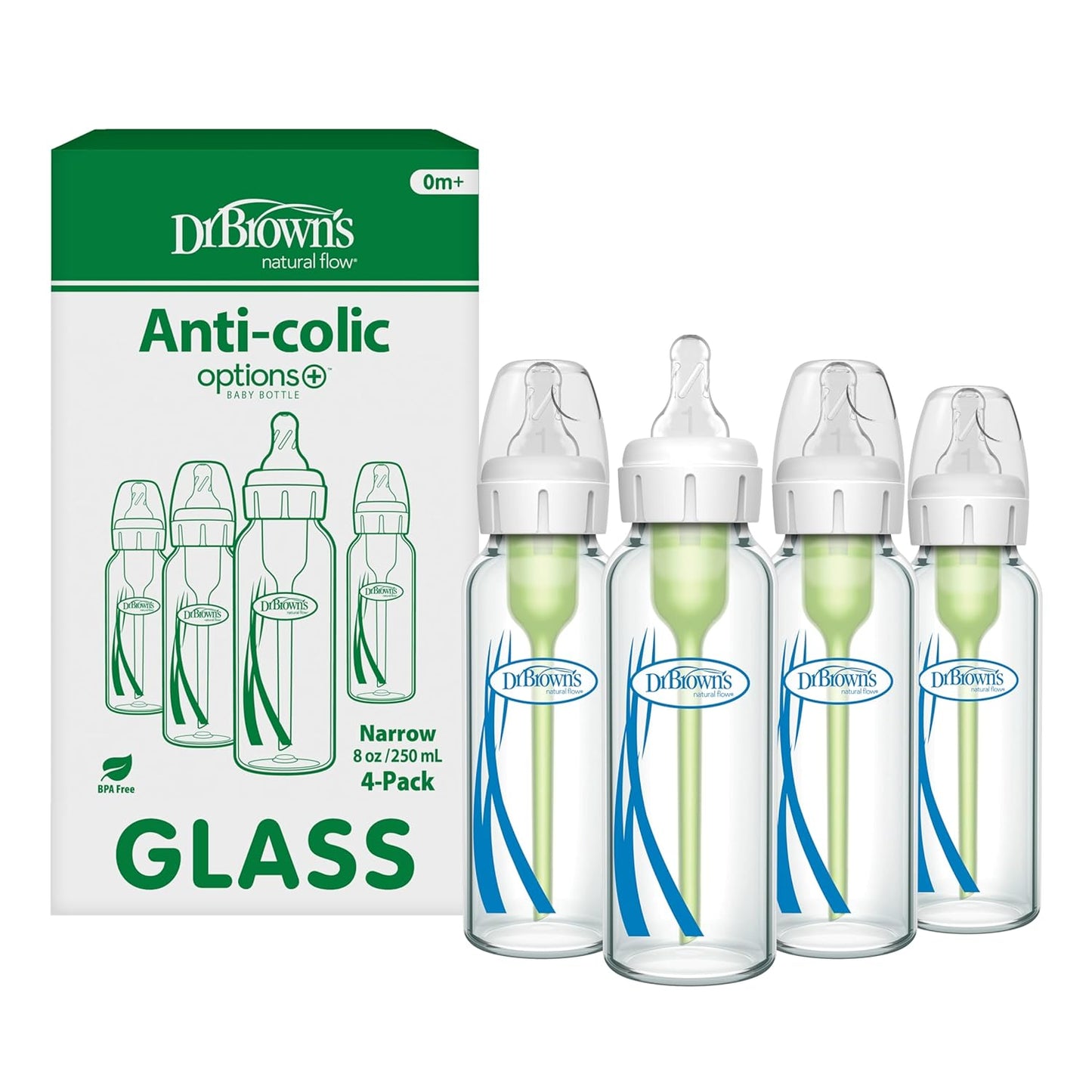 Best Anti-Colic Glass Baby Bottle: Dr. Brown's Options+ Narrow 8 Oz, Slow Flow Level 1, 4-Pack (0+ Months)