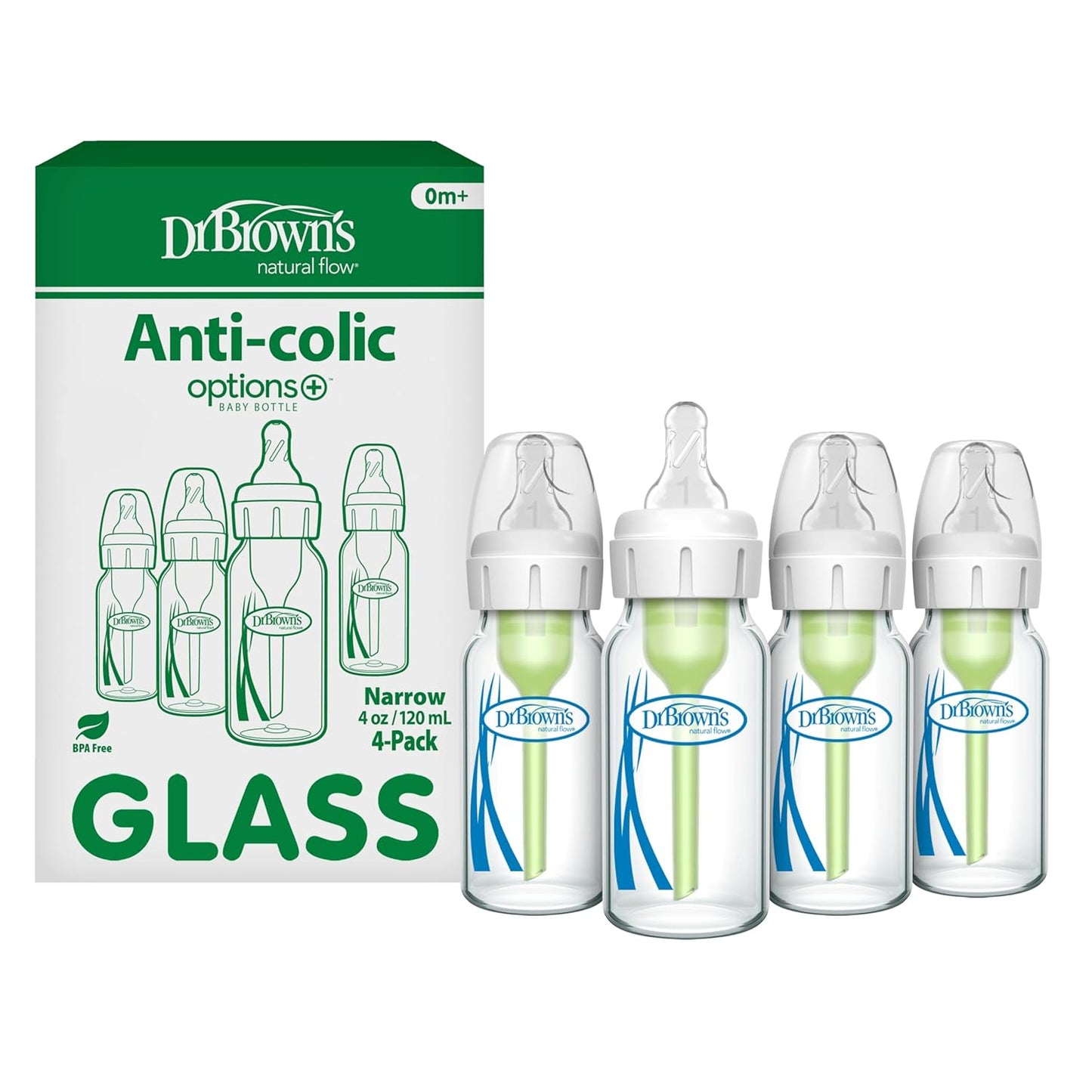 Best Anti-Colic Glass Baby Bottle: Dr. Brown's Options+ Narrow 8 Oz, Slow Flow Level 1, 4-Pack (0+ Months)