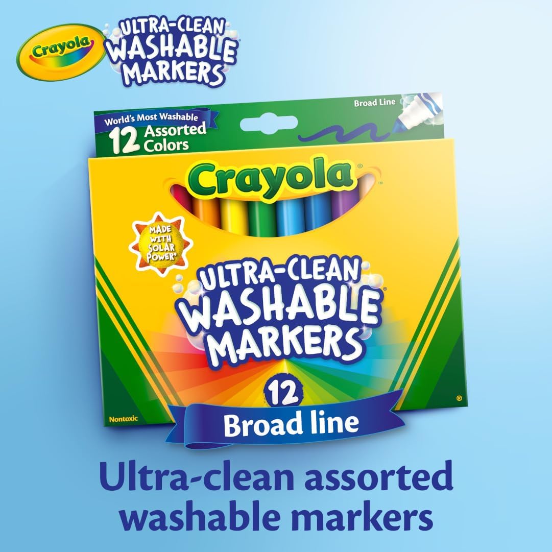 Crayola Wide-Tip Markers (12 pack), Washable for Kids, Vibrant Classroom Set, Essential School Supplies, Ages 3+.