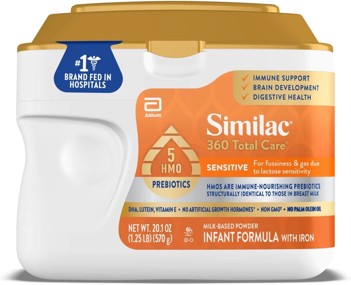 Similac Sensitive Infant Formula: 360 Total Care for Gas & Fussiness from Lactose Sensitivity. Includes 5 Prebiotic HMOs, No GMOs. 20.1 oz Powder Can.