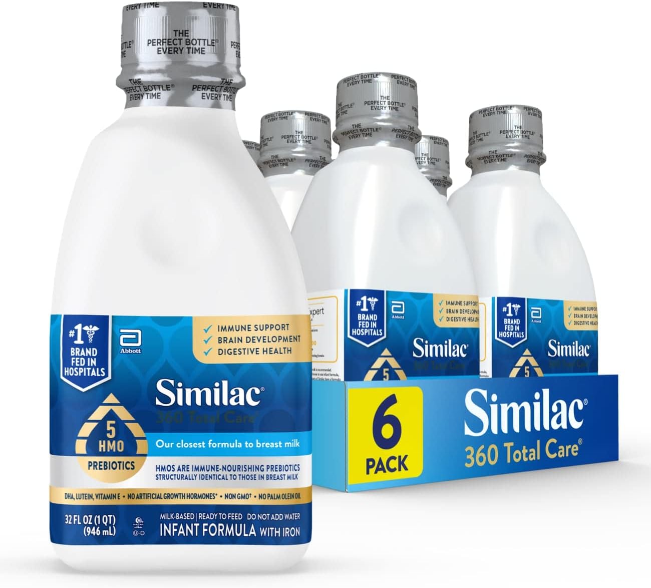 Similac 360 Total Care Formula: 5 HMO Prebiotics, Closest to Breast Milk, Non-GMO, 2 oz Bottle, Ready to Feed.