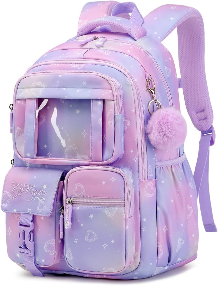 Girls' Purple School Backpack: Suitable for Elementary & Middle School Students, Cute & Practical Book Bag, One Size Fits All.