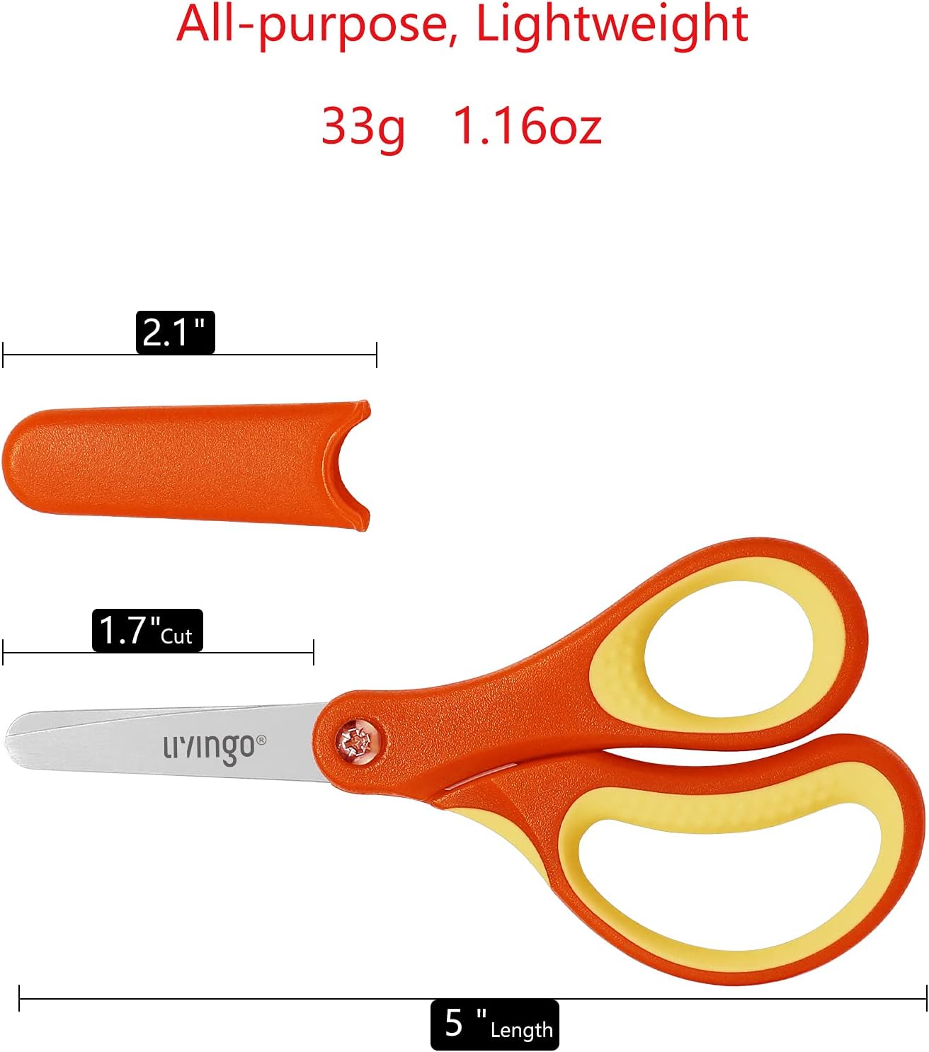 LIVINGO 3-Piece Kids' 5" Scissors Set: Left/Right Handed, Stainless Steel, with Safety Covers, Pre-K Manualide Supplies"