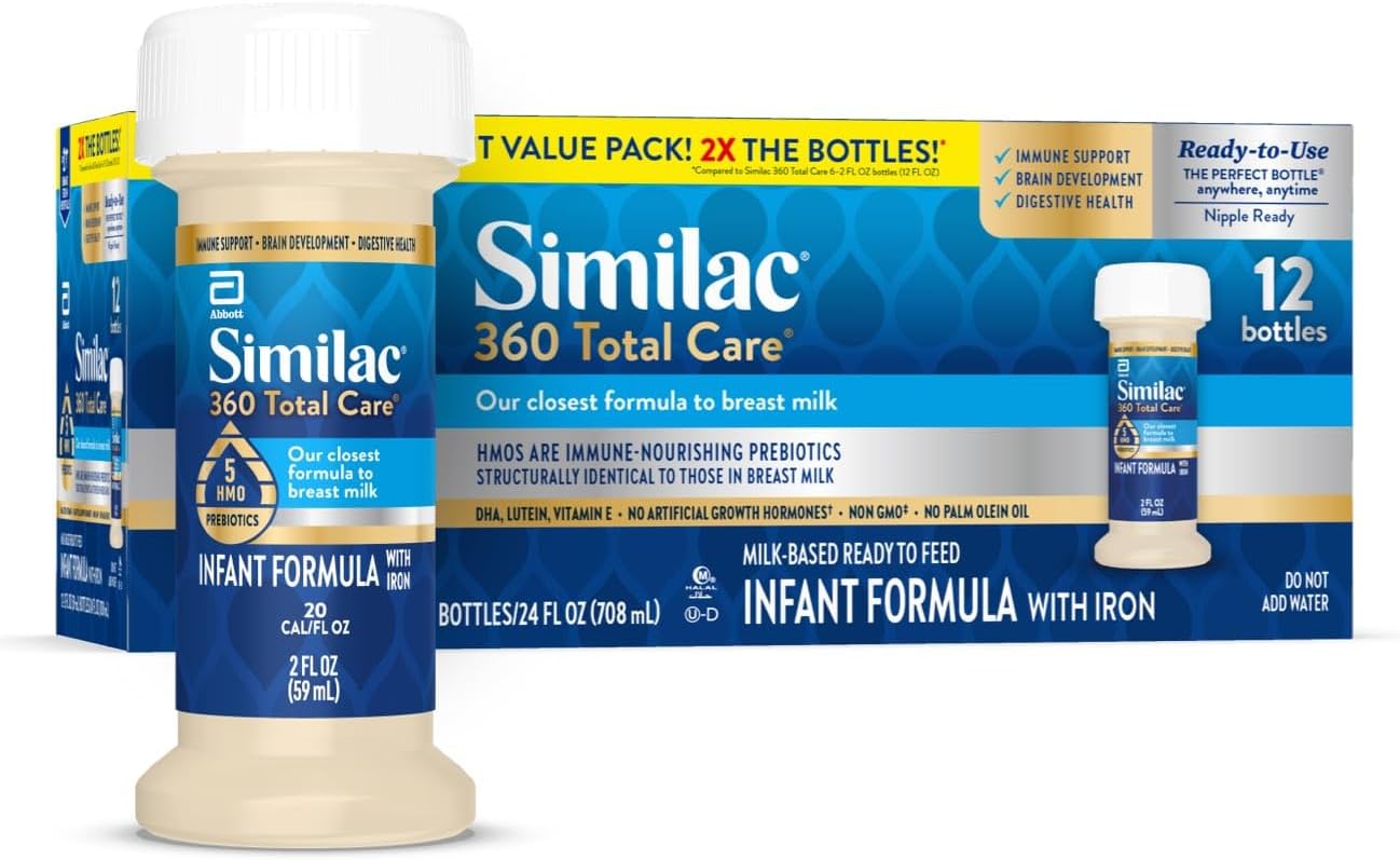 Similac 360 Total Care Formula: 5 HMO Prebiotics, Closest to Breast Milk, Non-GMO, 2 oz Bottle, Ready to Feed.