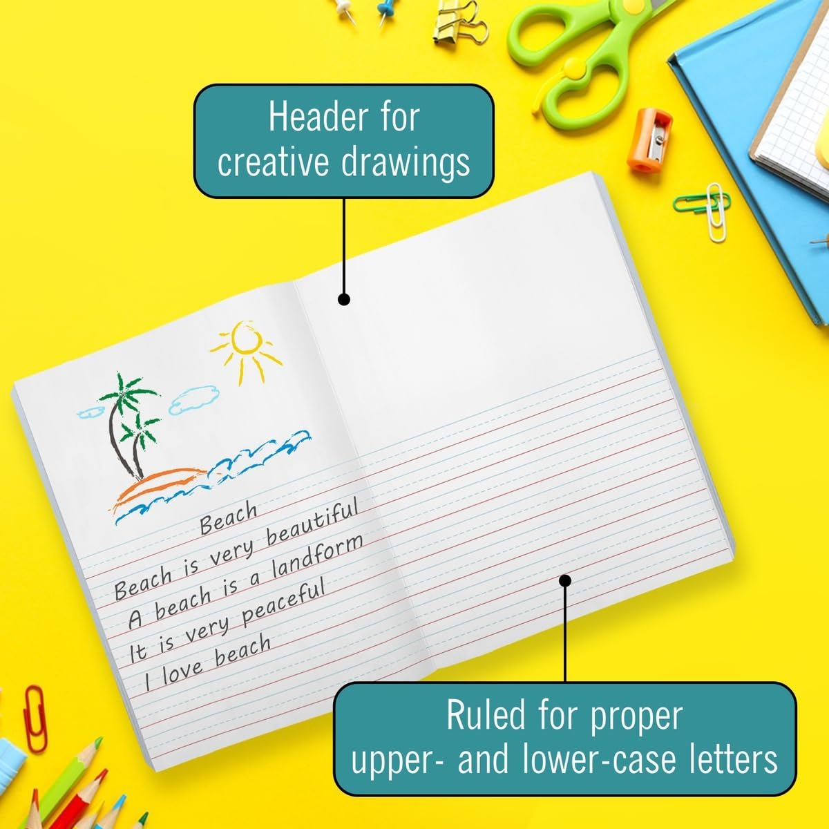 EXTRIC Primary Composition Notebook K-2, 2 Pack Primary Journal Grades K-2, Hardcover 200 pages (100 Sheets) Drawing Story Writing Journal, Composition book for Kids with Header for Drawing