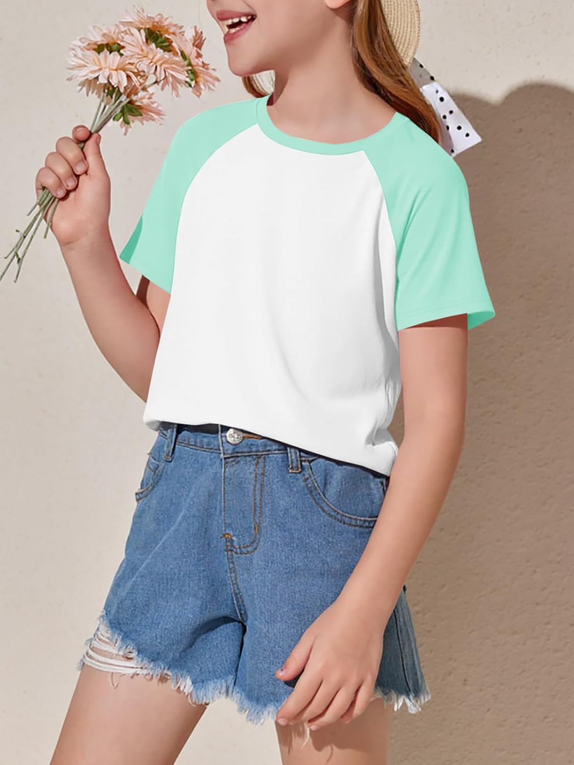 Imily Bela Kids Girls T Shirts Casual Raglan Short Sleeve Crewneck Color Block Summer Tees 5-14 Years