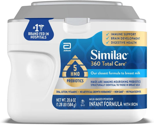 Similac 360 Total Care Infant Formula, Has 5 HMO Prebiotics, Our Closest Prebiotic Blend to Breast Milk, Non-GMO, Baby Formula Powder, 20.6-oz Tub