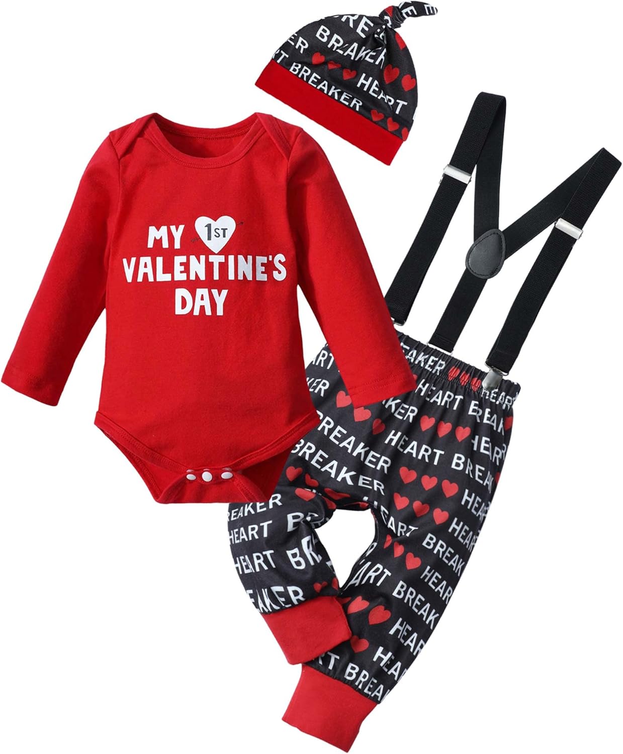WIQI Newborn Infant Baby Boys My First Valentine’s Day Outfit Long Sleeve Romper Heart Breaker Bib Pants