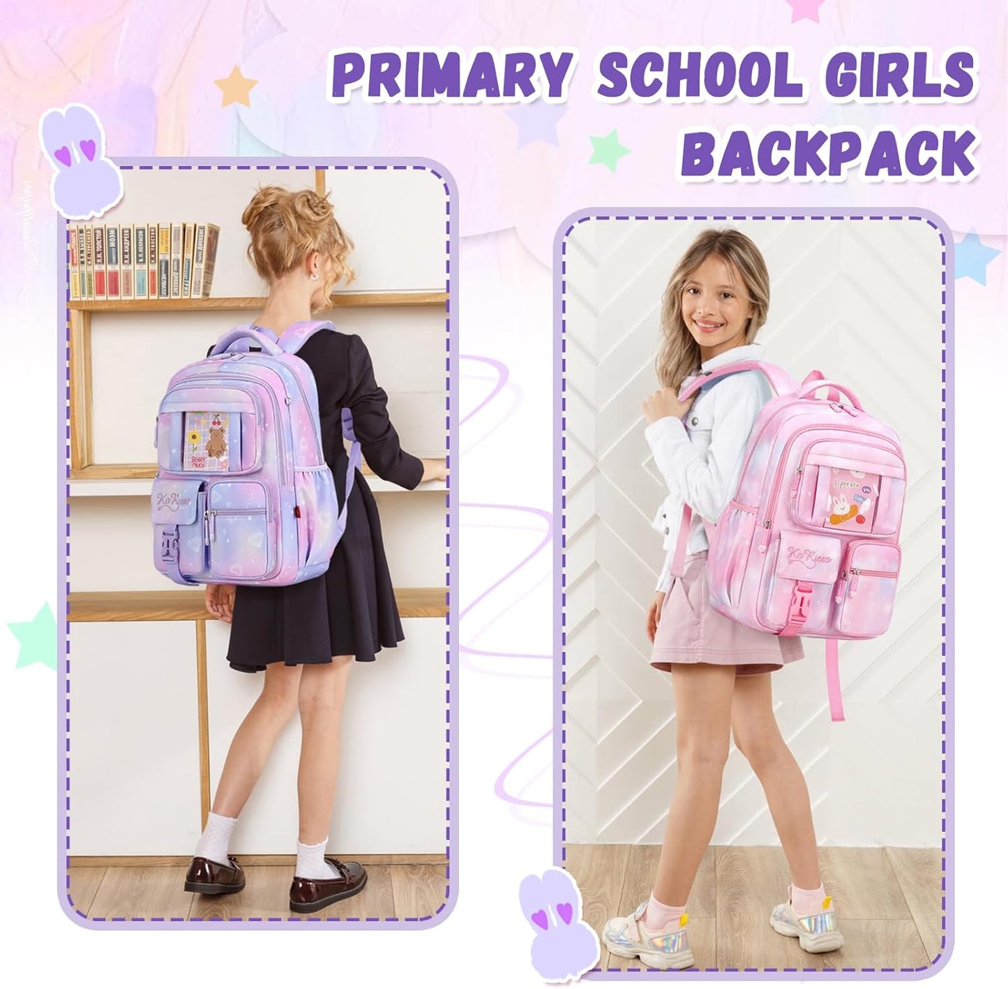 Girls' Purple School Backpack: Suitable for Elementary & Middle School Students, Cute & Practical Book Bag, One Size Fits All.