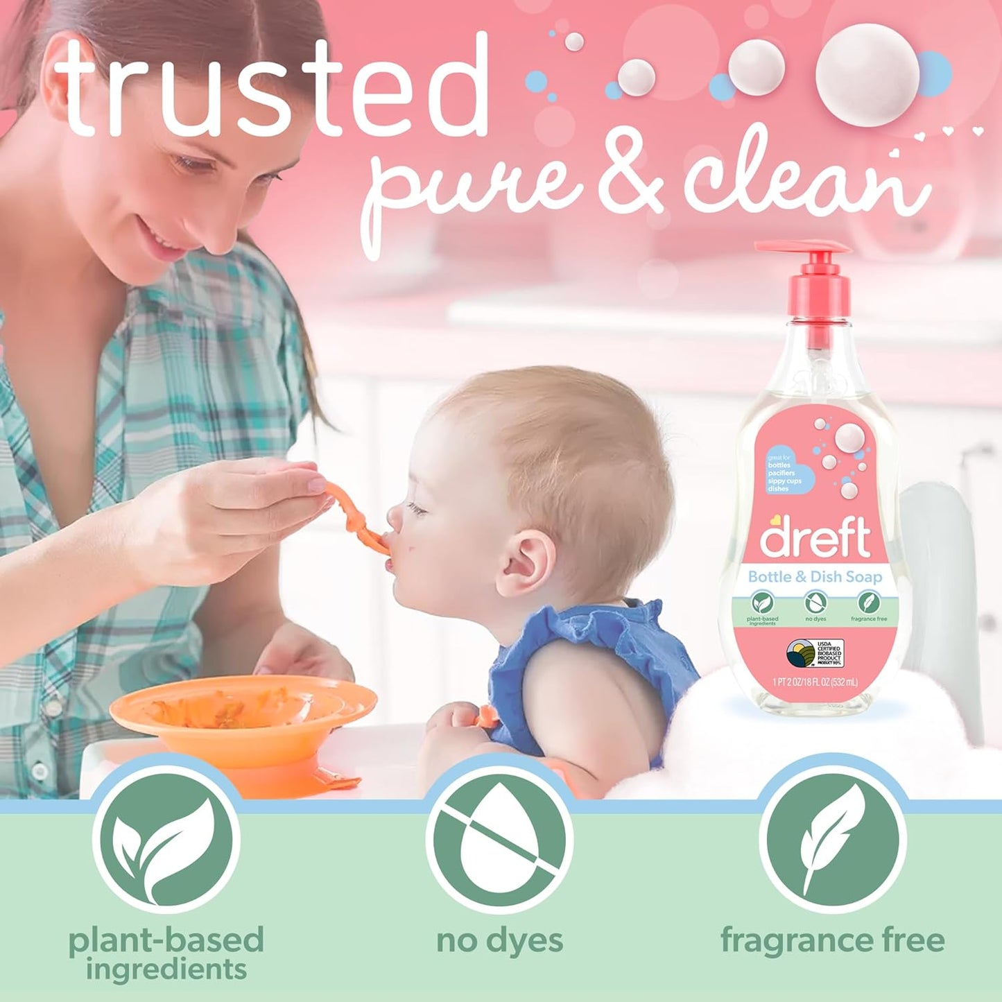 Premium Plant-Based Baby Bottle & Dish Soap - Gentley Removes Milk Film & Odors, Ideal for Bottles, Sippy Cups, Pacifiers, Breast Pumps & More