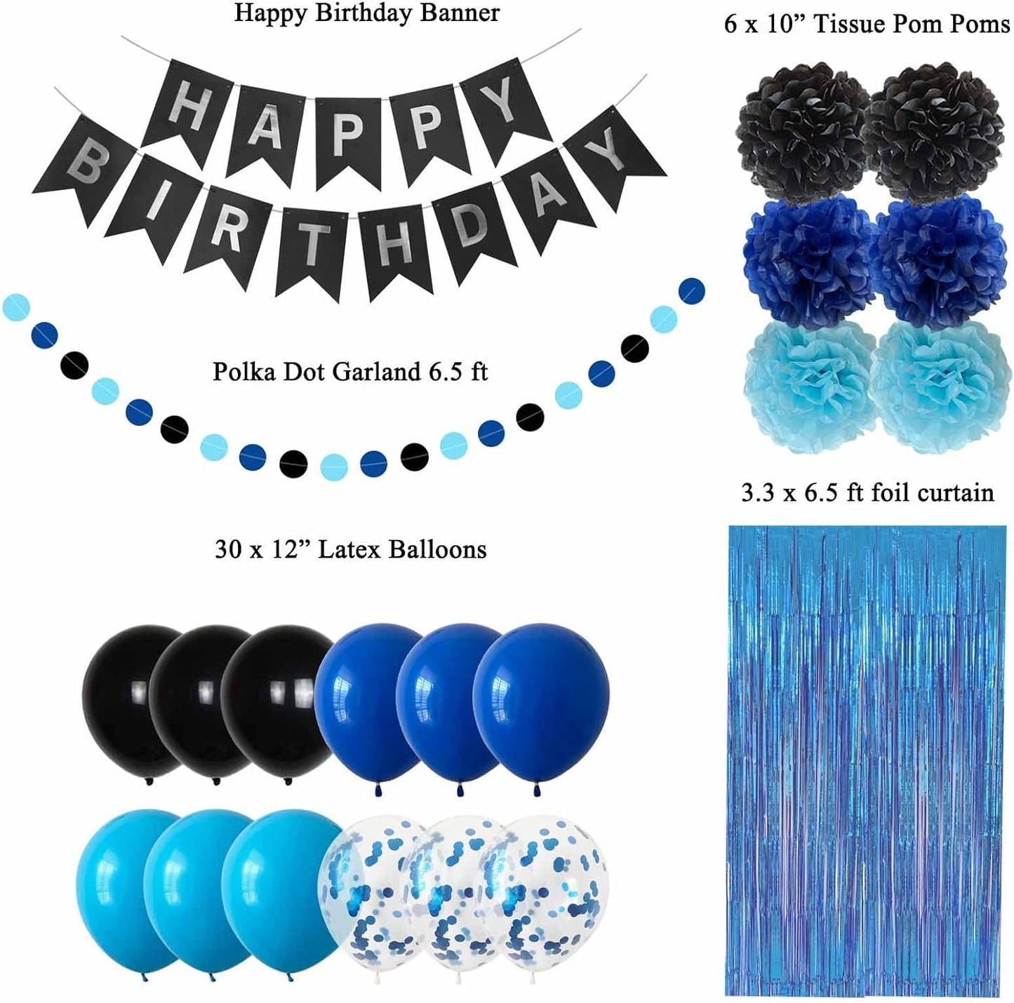 ANSOMO Blue & Black Birthday Decorations: Includes Banners, Dark, Royal, & Light Blue Balloons, Metallic Pompoms, and Decorative Supplies (13, 16-piece sets) for Kids & Men.