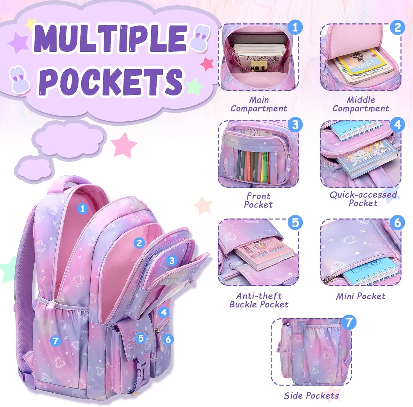 Girls' Purple School Backpack: Suitable for Elementary & Middle School Students, Cute & Practical Book Bag, One Size Fits All.