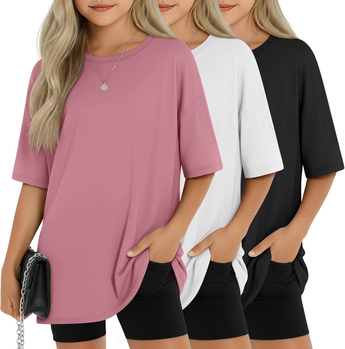 3 Pack Girls Oversized Shirts Kids Short Sleeve Crew Neck Tops Trendy Summer Basic Tees Loose Fit 5-14 Years