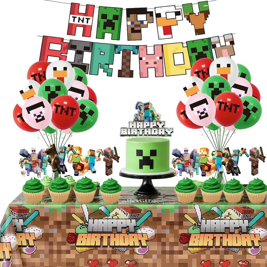 Pixel Miner Party Supplies: 40-Piece Set, Includes Pixel-Themed Tablecloth, Banner, Balloons, Cake, Mining-Theme Decorations.