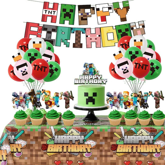 Pixel Miner Party Supplies: 40-Piece Set, Includes Pixel-Themed Tablecloth, Banner, Balloons, Cake, Mining-Theme Decorations.