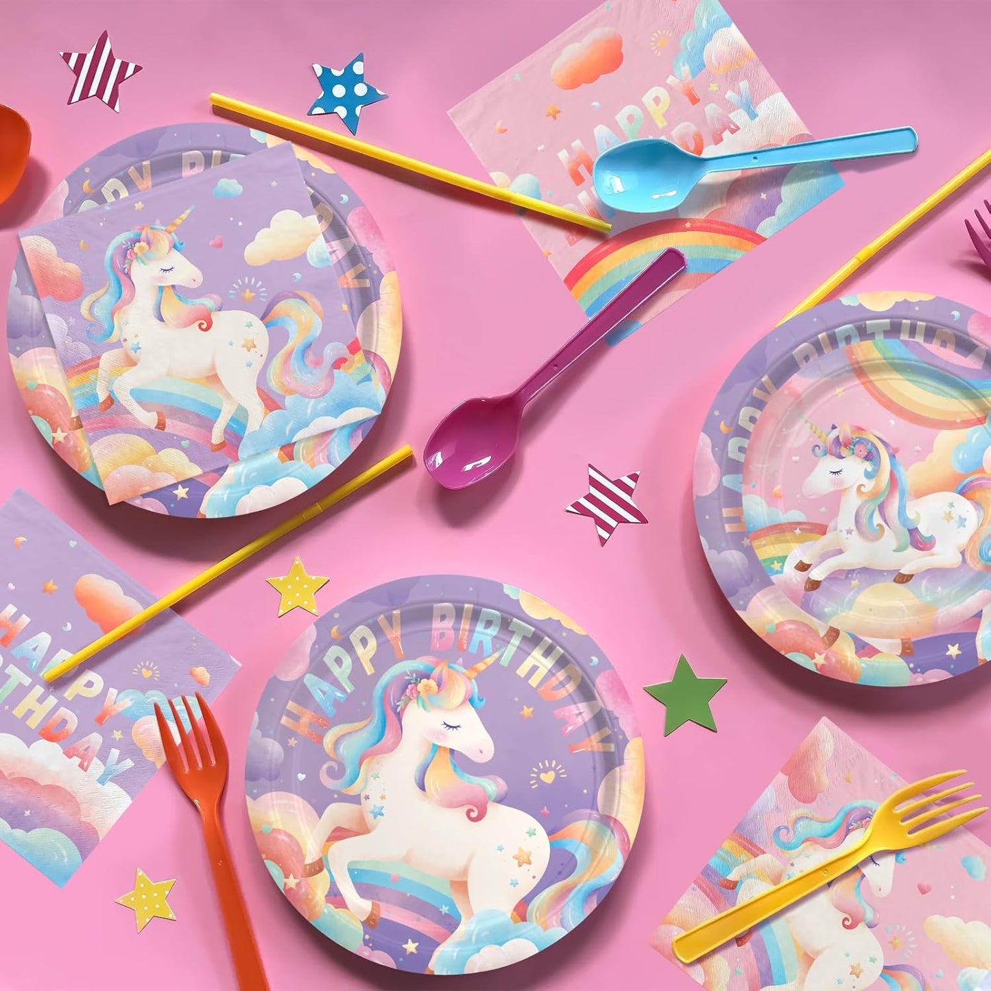 Unicorn Birthday Party Supplies Kit for 24 Guests: Dinner & Dessert Plates, Napkins, Cups, Banner, and Tablecloth.