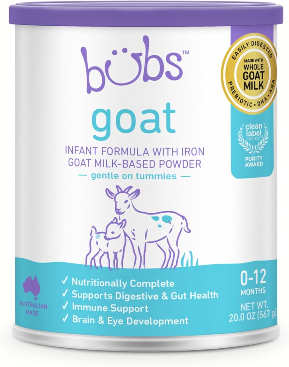Bubs Whole Goat Milk Iron-Fortified Formula, Premium Goat Milk Powder for Babies 0-12 Months, No GMOs, 20 oz.