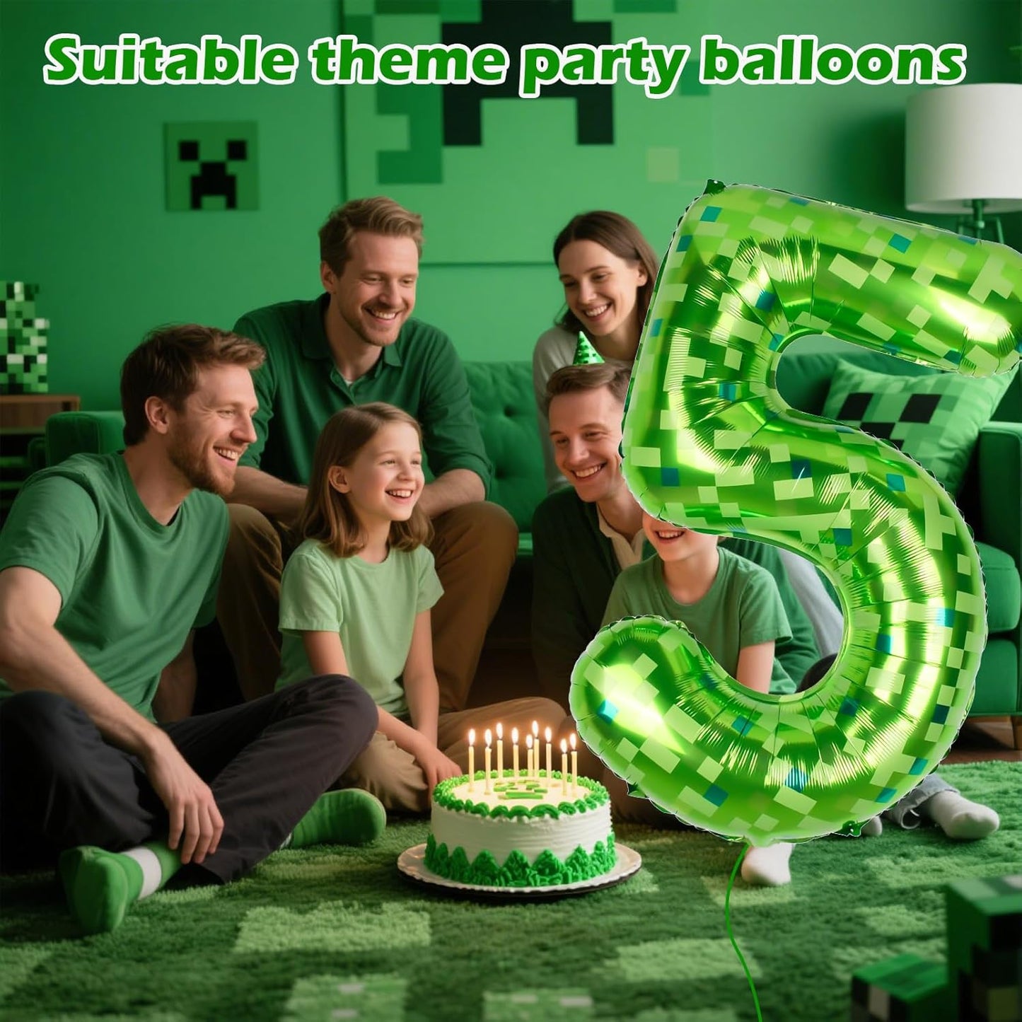 40inch Pixel Miner Green Themed Giant Balloons, Metallic Paper Balloons, Numerical Balloon Set (1-9) for Anniversary Decorations.