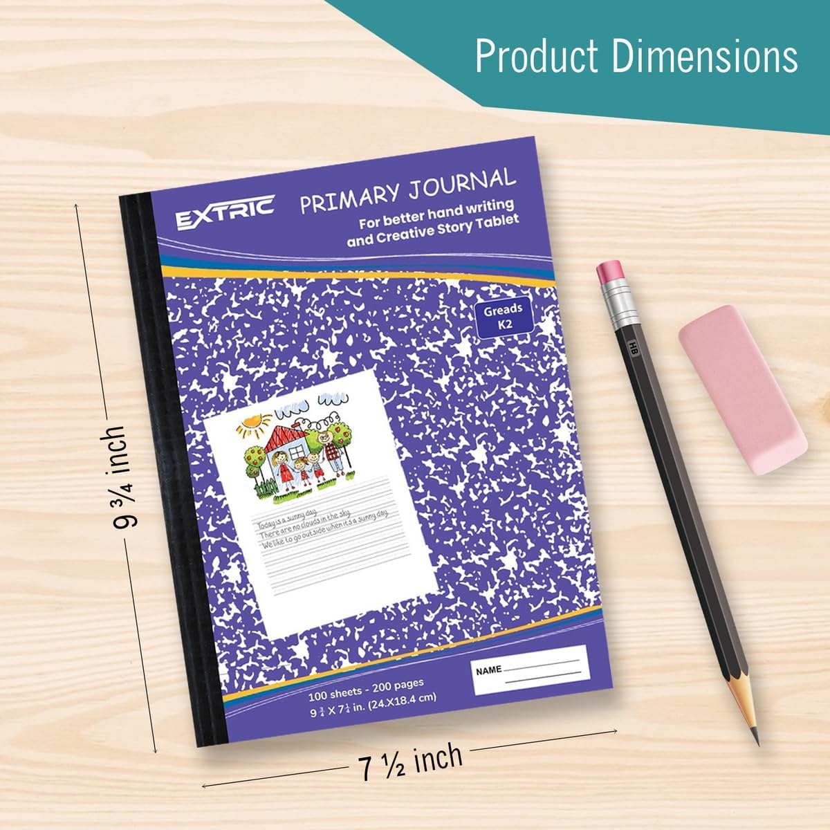 EXTRIC Primary Composition Notebook K-2, 2 Pack Primary Journal Grades K-2, Hardcover 200 pages (100 Sheets) Drawing Story Writing Journal, Composition book for Kids with Header for Drawing