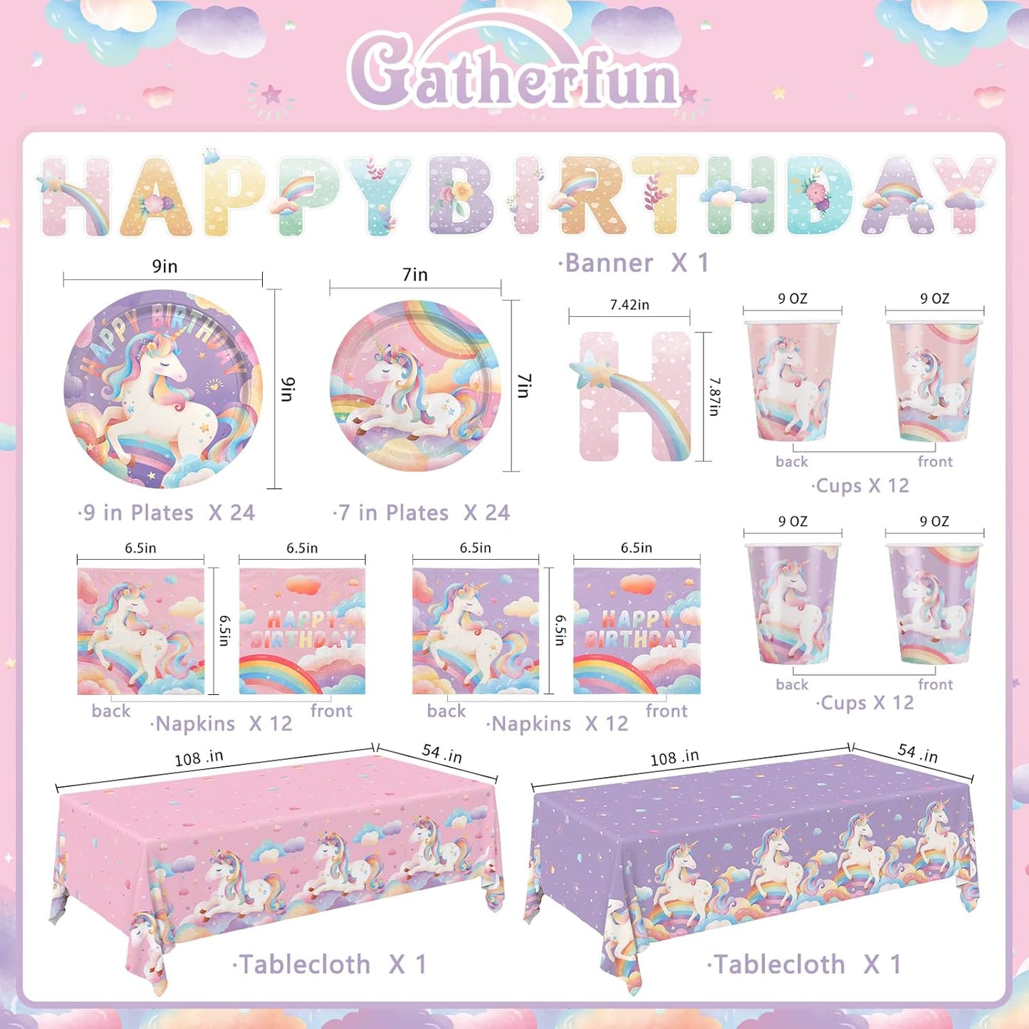 Unicorn Birthday Party Supplies Kit for 24 Guests: Dinner & Dessert Plates, Napkins, Cups, Banner, and Tablecloth.