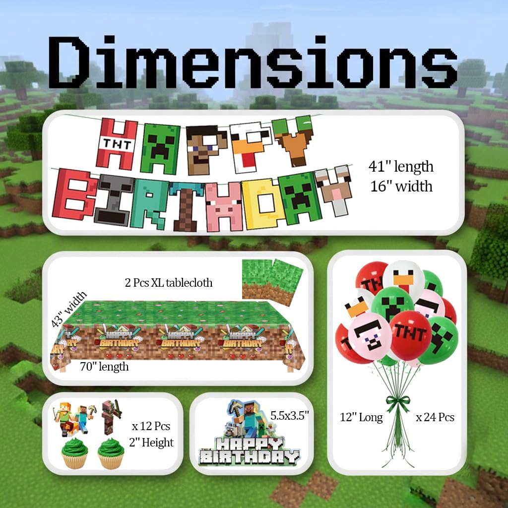 Pixel Miner Party Supplies: 40-Piece Set, Includes Pixel-Themed Tablecloth, Banner, Balloons, Cake, Mining-Theme Decorations.