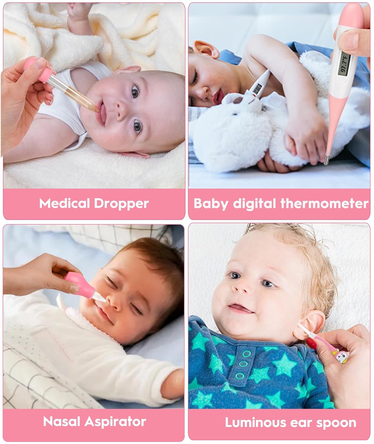 Baby Health Care & Hygiene Kit: Includes hairbrush, nail clippers, thermometer, pacifier clip, and nail file. Newborn safety essentials.