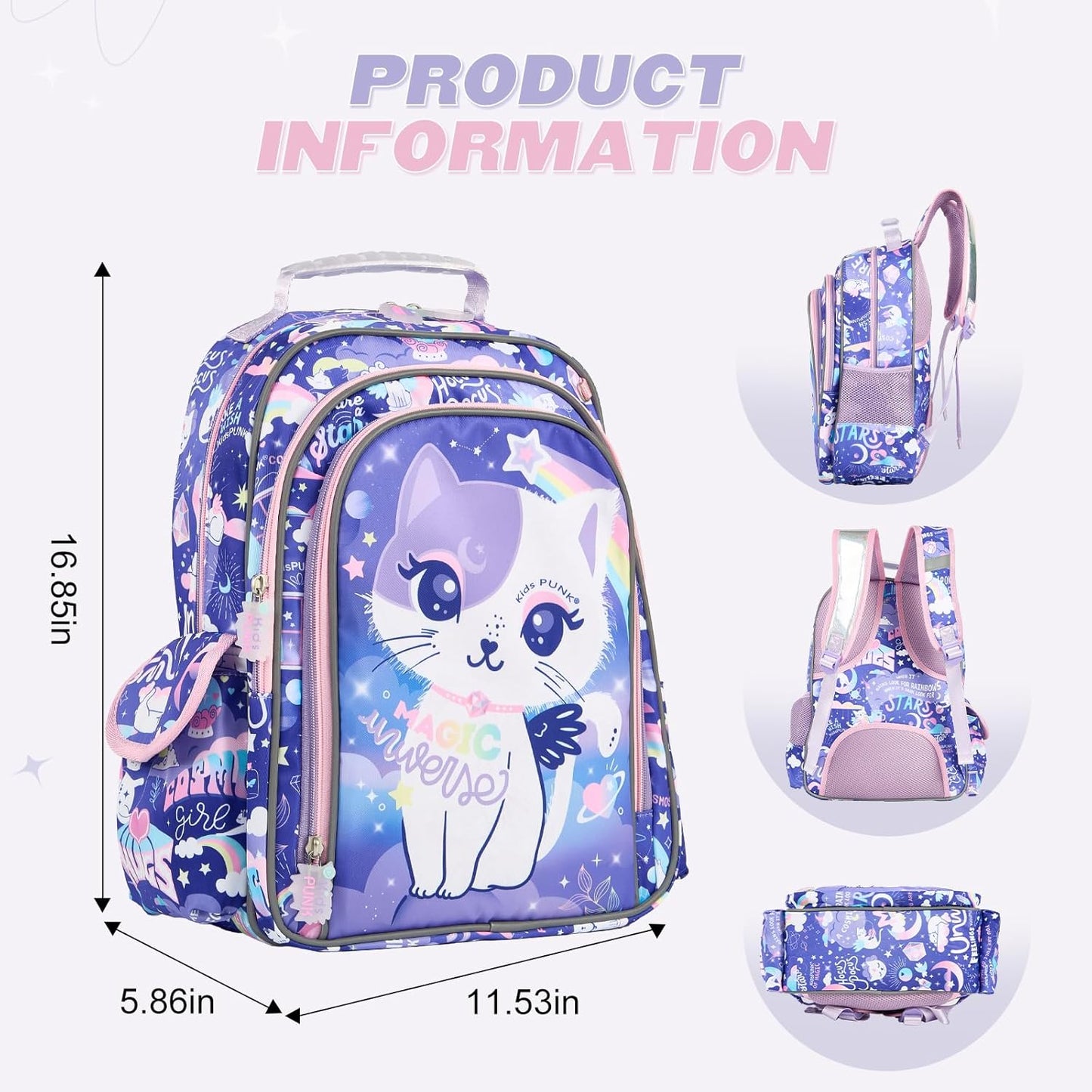 16-inch Girls' Backpack for Preschool & Early Elementary: Purple Cat Design, Classic Style.