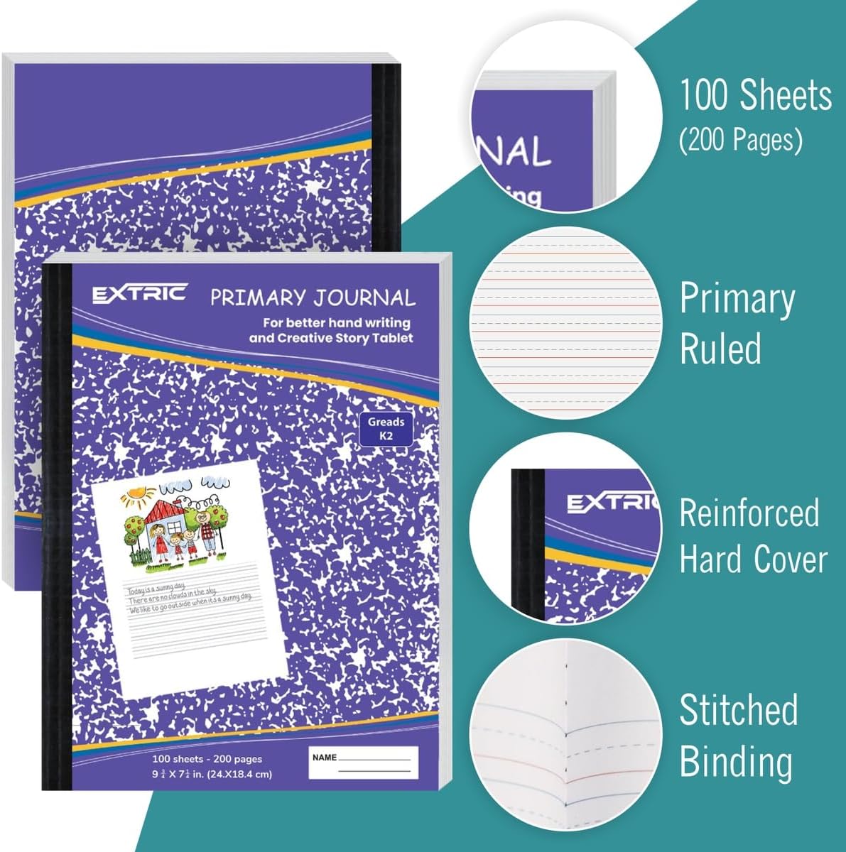 EXTRIC Primary Composition Notebook K-2, 2 Pack Primary Journal Grades K-2, Hardcover 200 pages (100 Sheets) Drawing Story Writing Journal, Composition book for Kids with Header for Drawing