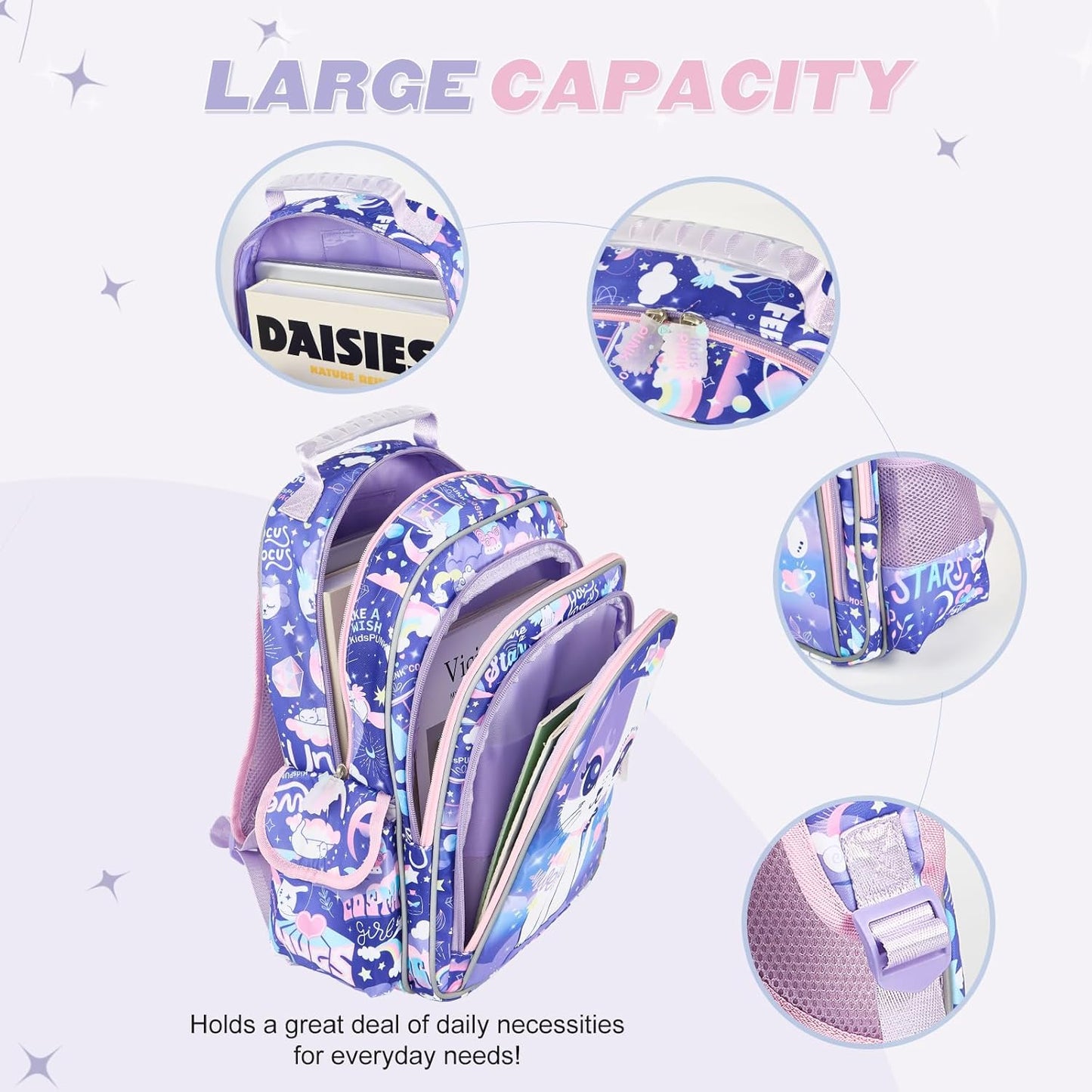 16-inch Girls' Backpack for Preschool & Early Elementary: Purple Cat Design, Classic Style.