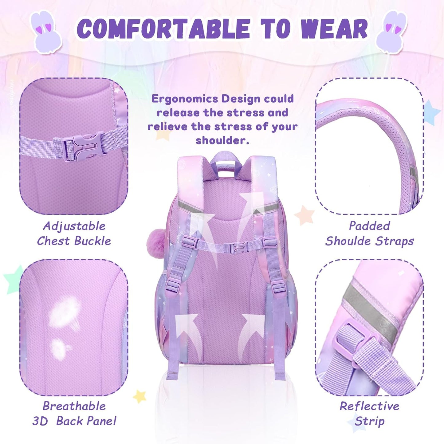 Girls' Purple School Backpack: Suitable for Elementary & Middle School Students, Cute & Practical Book Bag, One Size Fits All.