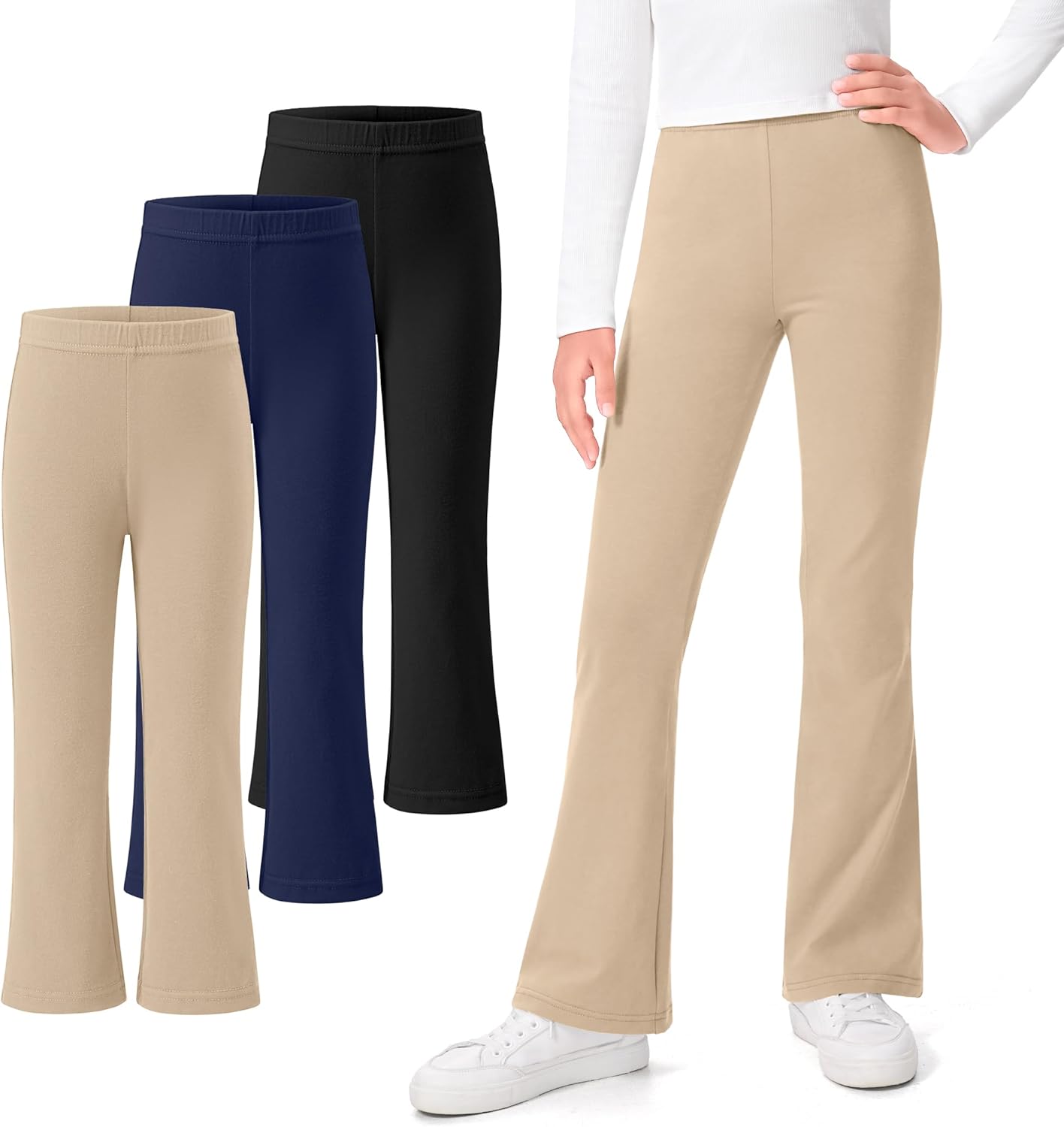 KEREDA 3 Pack School Uniform Pants for Girls Flare Leggings Bell Bottoms Trendy Clothes for Teen Girls Kids