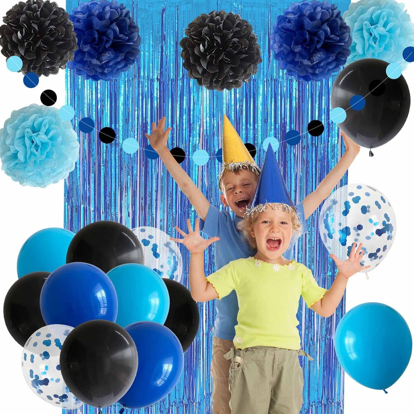 ANSOMO Blue & Black Birthday Decorations: Includes Banners, Dark, Royal, & Light Blue Balloons, Metallic Pompoms, and Decorative Supplies (13, 16-piece sets) for Kids & Men.
