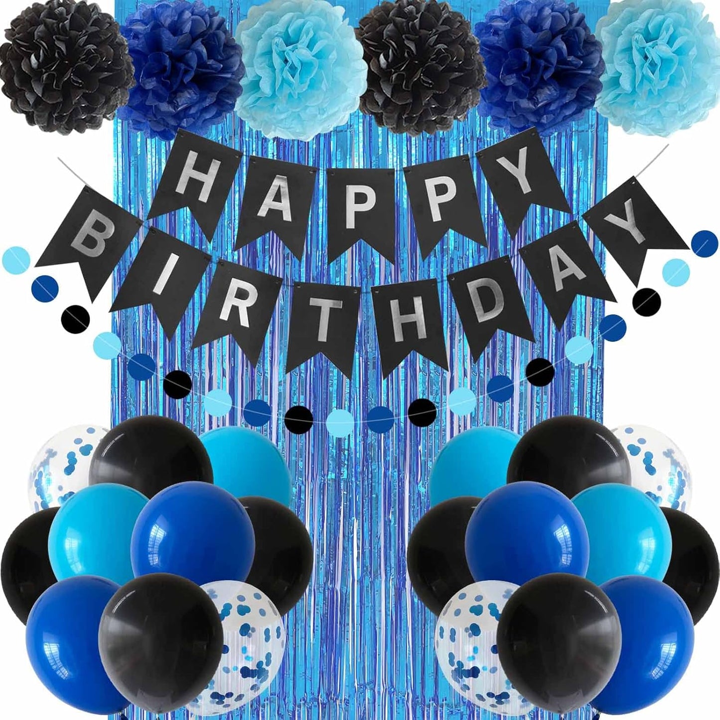 ANSOMO Blue & Black Birthday Decorations: Includes Banners, Dark, Royal, & Light Blue Balloons, Metallic Pompoms, and Decorative Supplies (13, 16-piece sets) for Kids & Men.