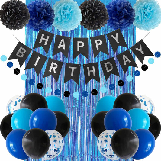 ANSOMO Blue & Black Birthday Decorations: Includes Banners, Dark, Royal, & Light Blue Balloons, Metallic Pompoms, and Decorative Supplies (13, 16-piece sets) for Kids & Men.