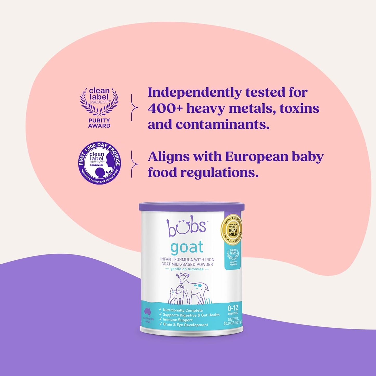 Bubs Whole Goat Milk Iron-Fortified Formula, Premium Goat Milk Powder for Babies 0-12 Months, No GMOs, 20 oz.