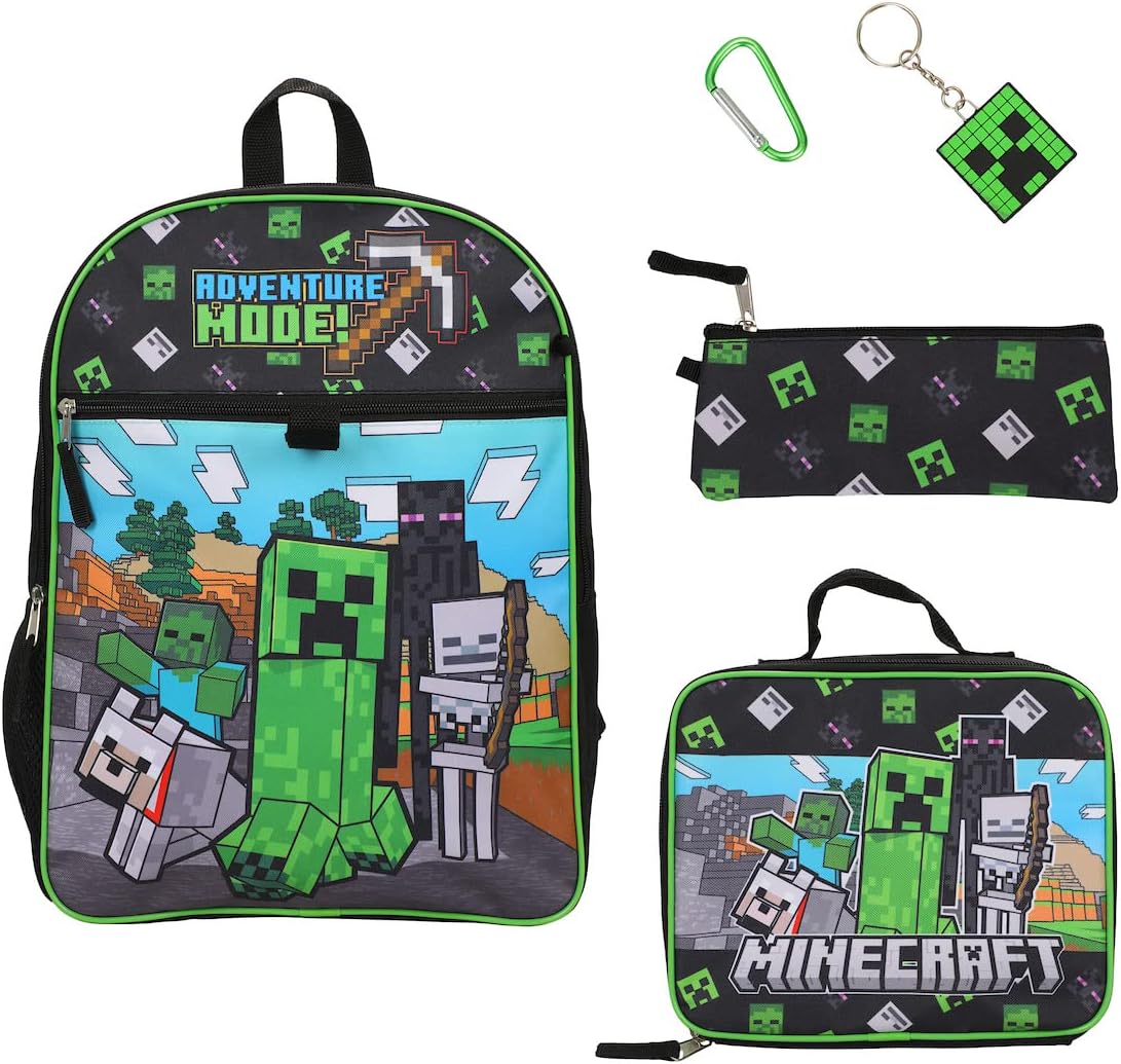 Minecraft 5-Piece Set: 16 Backpacks, Lunch Boxes, Utility Case, Rubber Keychain & Carabiner, Vibrant Designs, Contemporary Style.