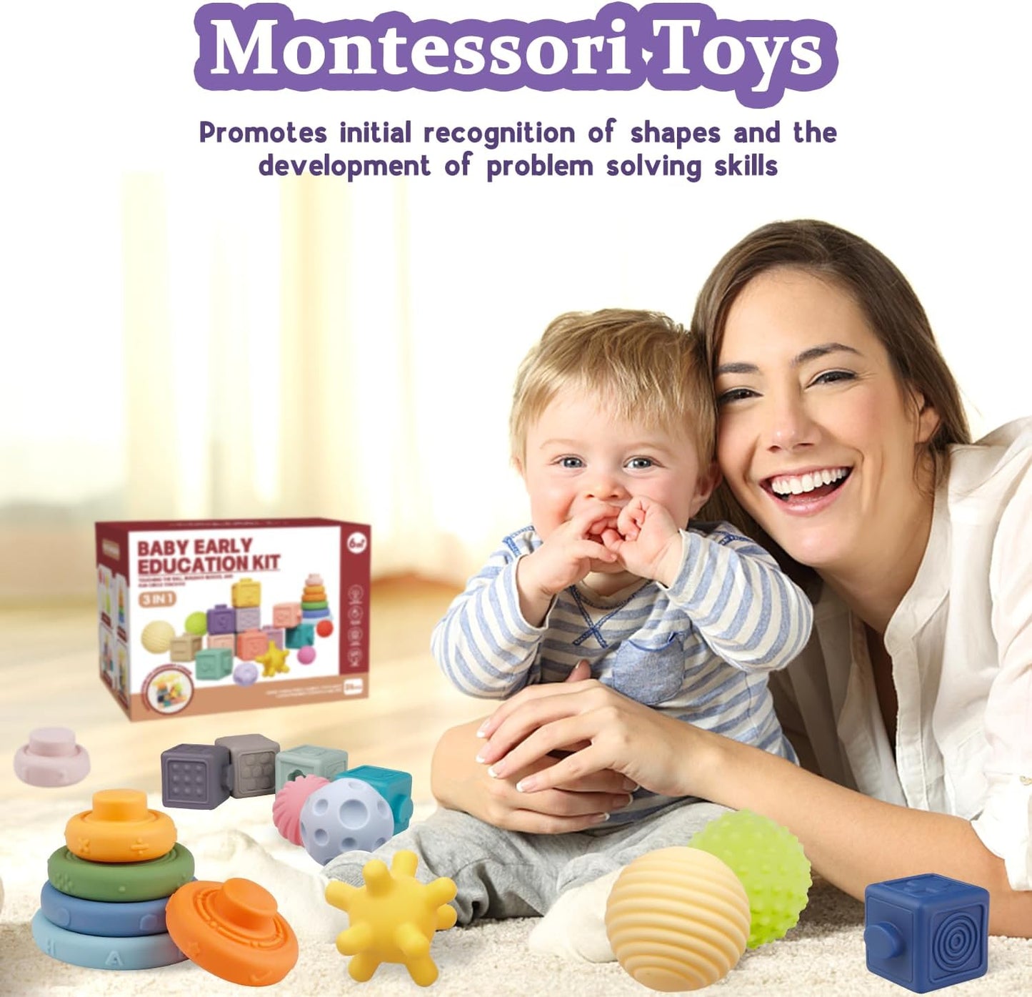 Best Montessori Toys for Babies: Soft Building Blocks, Ring Stacking Game, Sensory Playset (6-12 Months, Dentition-Safe)