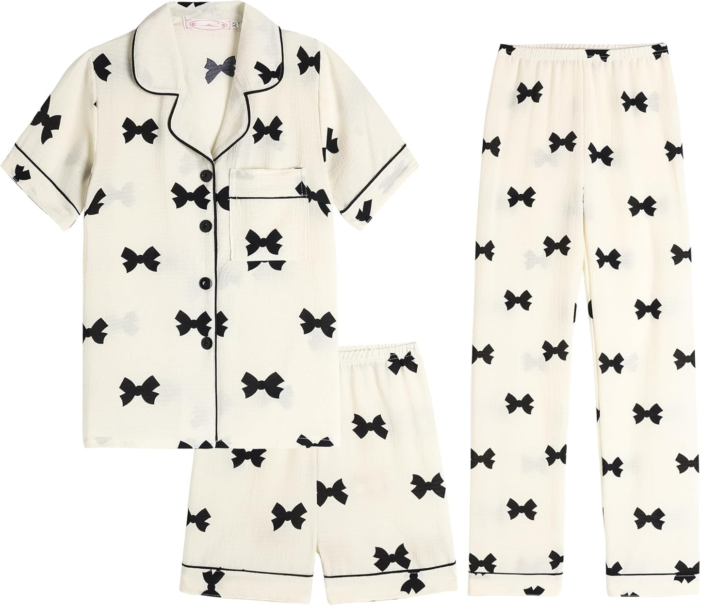 Big Girls Button Down Pajama Set 3pcs Short Sleeve Long Pants with Shorts Crepe Wrinkled Fabric Sleepwear Nighty