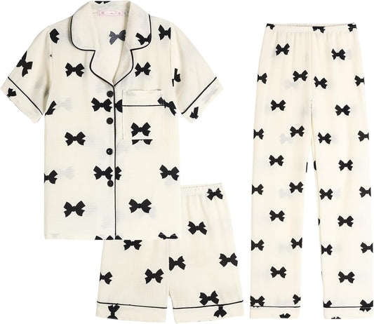 Big Girls Button Down Pajama Set 3pcs Short Sleeve Long Pants with Shorts Crepe Wrinkled Fabric Sleepwear Nighty